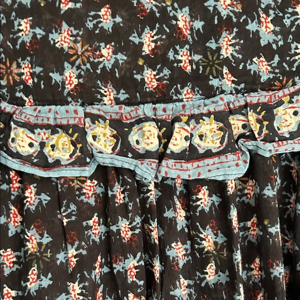 Free People Black Floral Ruffle Button-Front Blouse with Blue Trim - Picture 5 of 9